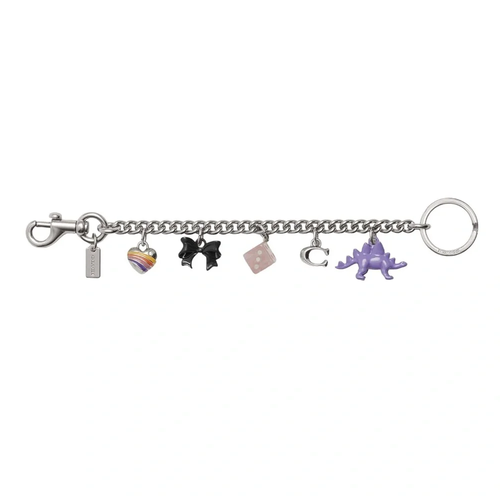 New Coach Silver Motif Chain Bag Charm with Purple Dinosaur, Heart, Bow, Dice
